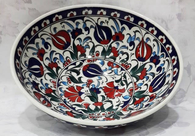 Dekoratif 20 cm çini kase – kırmızı mavi motifler