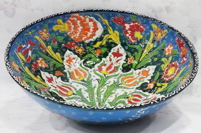 dekoratif çini kase 25 cm mavi beyaz motifli